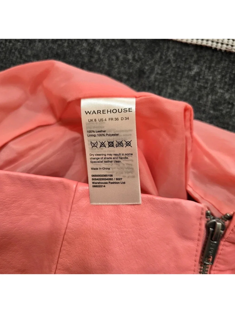 Warehouse Pink Real Leather Mini Skirt Womens 4 US 8 UK Pastel Coquette Zip Back